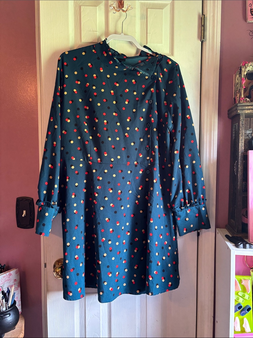 Who What Wear teal Long Sleeve Dot Print Dress